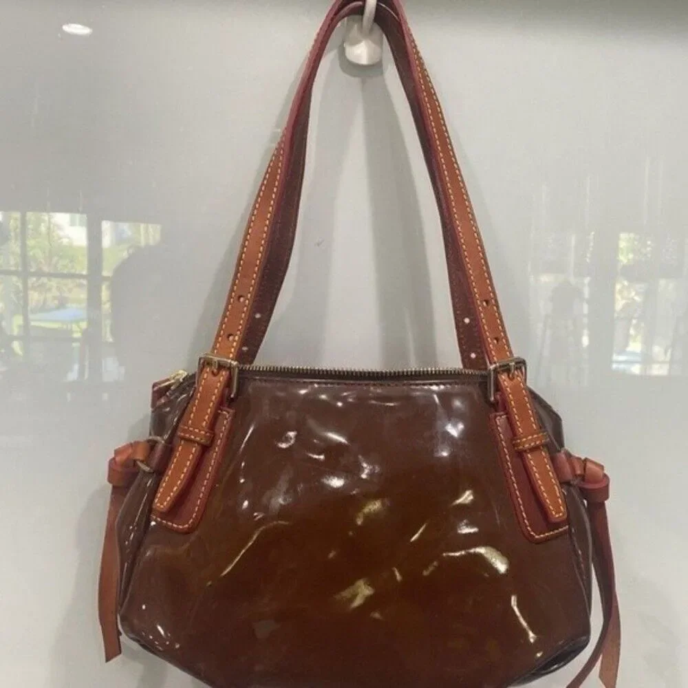 Dooney & Bourke Brown Women's Shiny Vinyl Red Interior Shoulder Bag Purse